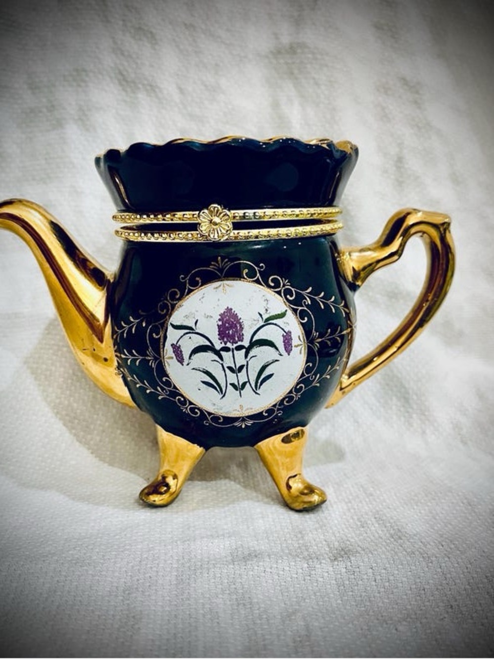 Elegant Black and Gold Floral Mini Teapot Accent